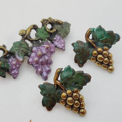 Artisan Cast Metal Grape Vine Pin And Earrings