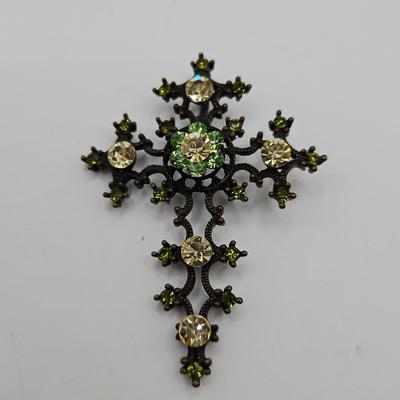 Large Gothic Cross Pendant Green And Clear Stones