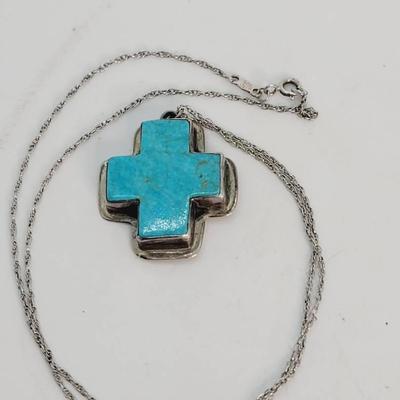 Sterling Silver Turquoise Cross Pendant Necklace 925