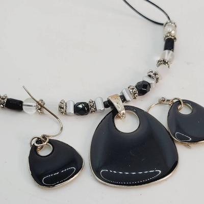 Black Enamel and Silver Plate Necklace with Matching Earrings 