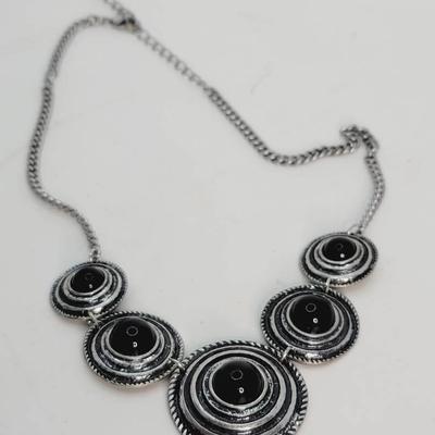 Disc Collar Necklace Black and Silver Tone