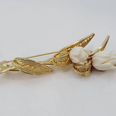 Gold Tone Pin or Brooch with Spun Filigree Stem and Carved Bone Rose 