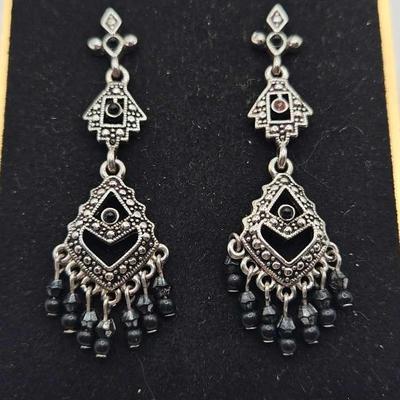 Silver Tone Black and Marcasite Drop Dress Earrings Bohemian