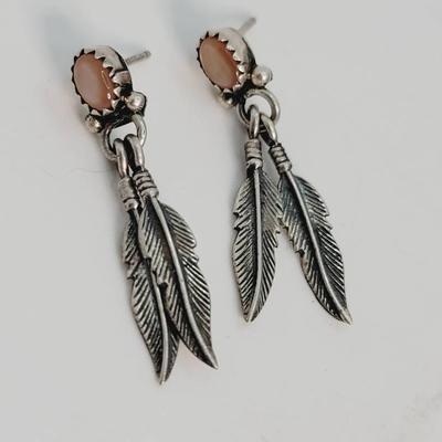 Southwest Pink Mother Of Pearl Sterling Feather Earrings 925