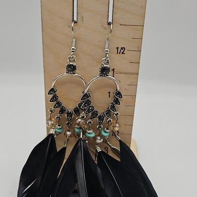 Black Feathers and Marcasite Statement Festival Bohemian Earrings Long Handles