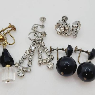 Screw Back Vintage Earrings Clear Crystal Rhinestone And Black 4pc 