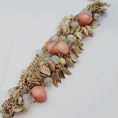 Gold Tone and Coral Bead Bracelet - Nice Jingle Noise!