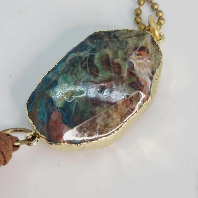 Ringed Leather Tassel Jasper Or Agate Stone Necklace 