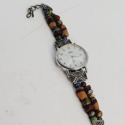 Peyote Bird Designs Sterling, Glass And Gem Band Timex Watch 