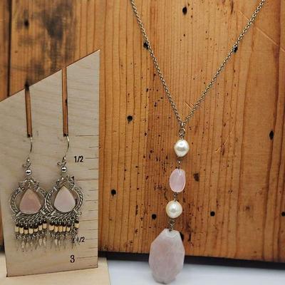 Rose Quartz and Faux Pearl Necklace 15" Long with Coordinating Statement Earrings