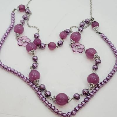 Multi Strand Purple Faux Pearl And Resin Floral Necklace 