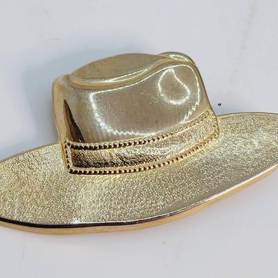 Gold Tone Indiana Jones Style Cowboy Hat Pin Vintage