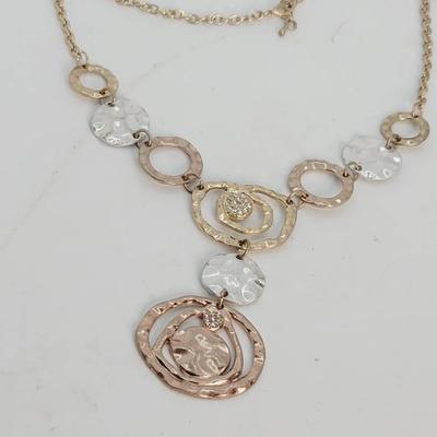 Hammered Metal Tri Color Swirl Necklace with Rhinestone Details