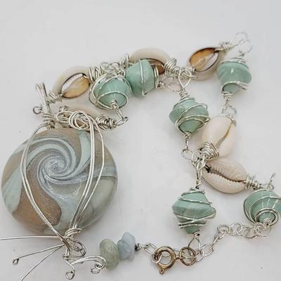 Gem Shell And Bead Wire Wrap Necklace 