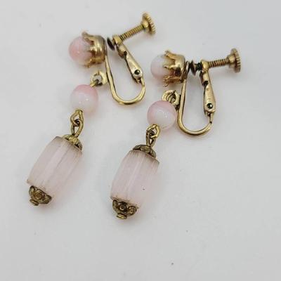Lever Screw Back Earrings Frosted and Marbled Pink Glass Antique