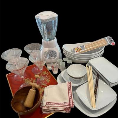 Martini glasses asian motif dishes, tray, oyster blender, & more