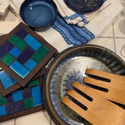 MCM pottery, linens and serving tools