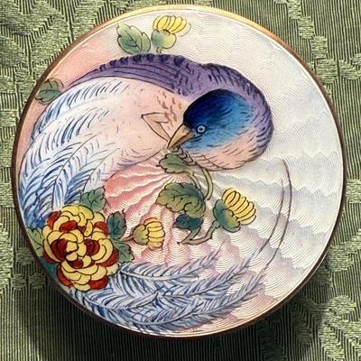 Guilloche lidded trinket box with asian bird design
