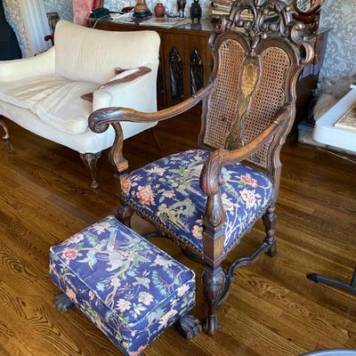 Sale Photo Thumbnail #91: Antique, ornate armchair with matching foot stool, carved back, Empire Period.