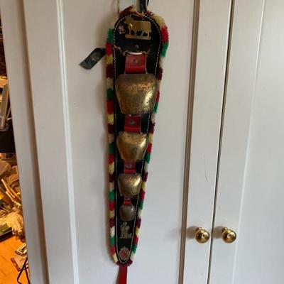 Sale Photo Thumbnail #124: Swiss Wall Hanging bell on leather belt and colored fringe