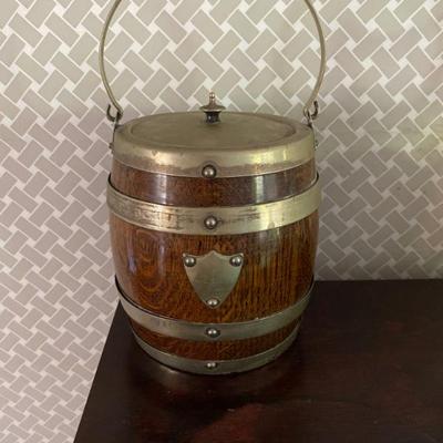 Sale Photo Thumbnail #62: Antique, 1920s, porcelain lined oak silver ice/biscuit barrel. 
