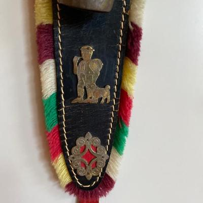 Sale Photo Thumbnail #125: Swiss Wall Hanging bell on leather belt and colored fringe