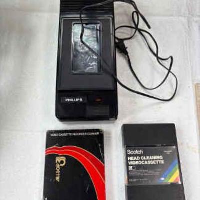 Vintage Philips Video Cassette Rewinder + Head Cleaning Cassette and Recorder Cleaner Cassette