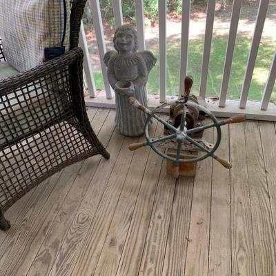Sale Photo Thumbnail #3: $48 concrete angel, $48 ship steering wheel 