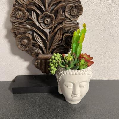 Carved Wood Floral Bouquet & Faux Succulent w/Buddha Head 
