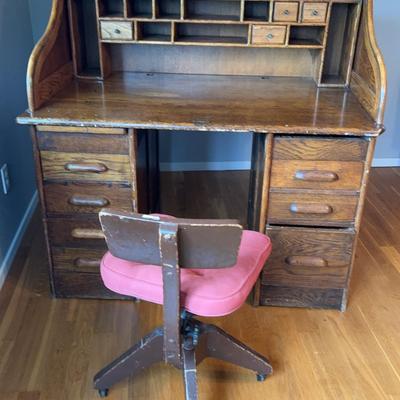 Wood Roll top Desk And Chair