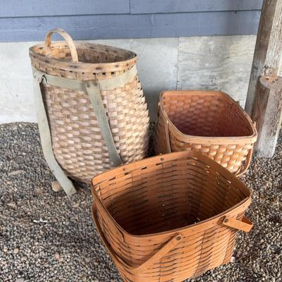 Tall Vintage Creel Woven Wicker Basket w/ Canvas Straps & Longenberger Basket 1990