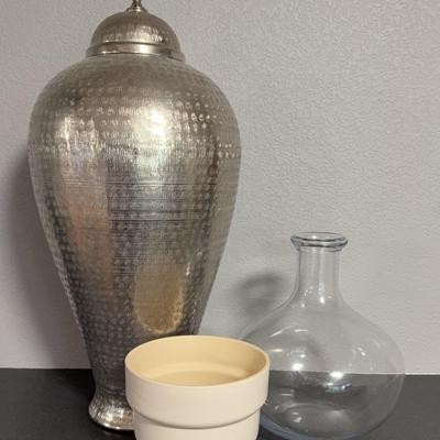 Metal Ginger Jar/Planter/Glass Vase 