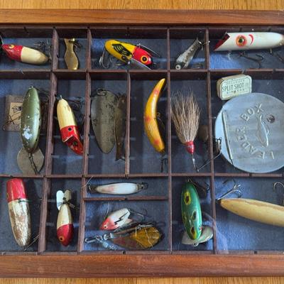 Vintage Fishing Supplies in Shadow Box 