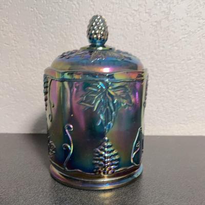Blue Carnival Glass Harvest Grape Biscuit Jar by Indiana Glass, 1970s
