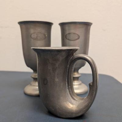 Vintage Pewter Horn And Goblets