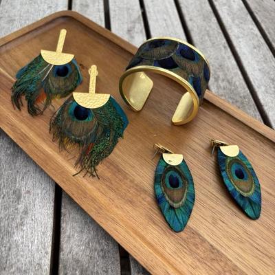 Sale Photo Thumbnail #161: Brackish Peacock $55 cuff 1.5" wide with 1"opening, $48 large drop feather earrings, $38 oval tip earrings  