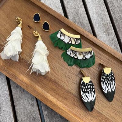 Sale Photo Thumbnail #160: Brackish $48 white feather drop earrings, $28 small blk/gold earrings, $28 gold with green feather, blk/white oval tip earrings 