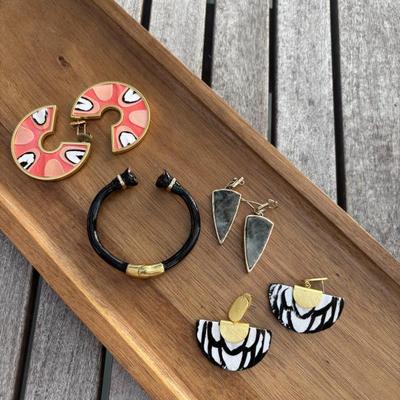 Sale Photo Thumbnail #174: $60 Polina gold plated enameled cat bracelet made in Italy, Brackish $38 circular earrings, $32 Brackish blk/white Orca earrings, $10 triangular earrings 