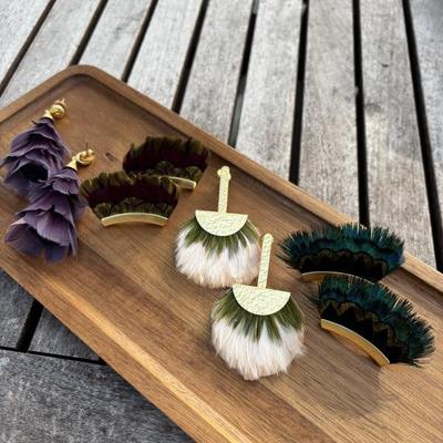 Sale Photo Thumbnail #162: Brackish $48 purple feather drop earrings, $28 moss green/burgundy, $48 green/white drop, $28 peacock lashes earrings 