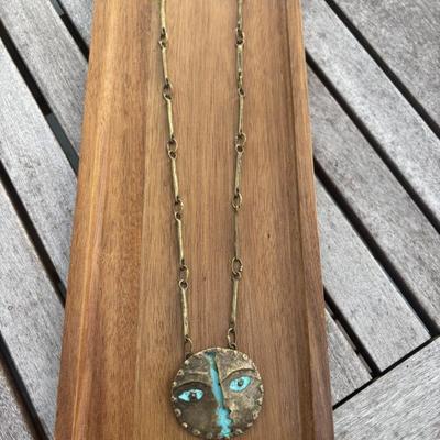 Sale Photo Thumbnail #165: $28 metal gold tone blue face necklace 