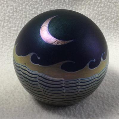 Steven Correia Art Glass Iridescent Blue Crescent Moon Paperweight