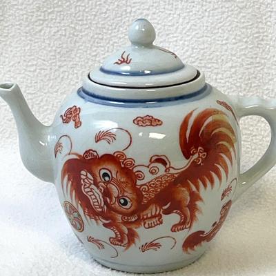 Chinese Porcelain Red Lion Teapot Hand Painted Antique