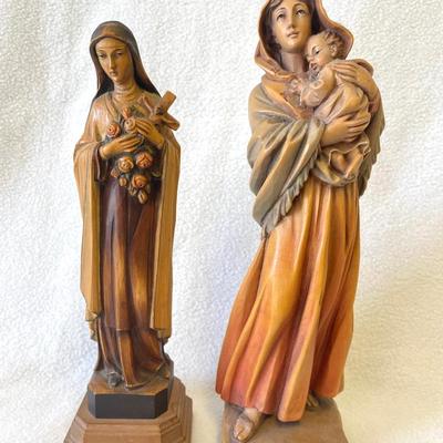 Wooden ANRI Style Religious Statues Modonna With Child And Saint Therese Of Lisieux 