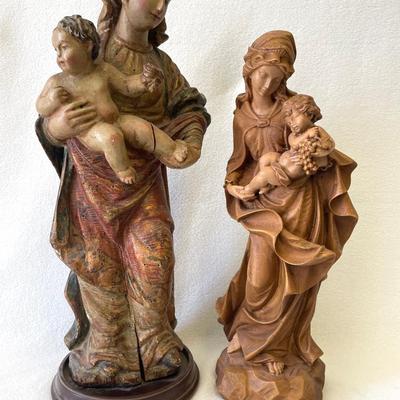 Virgin Mary Baby Jesus Hand Carved Wood Statues 