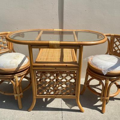 Vintage 80s Natural Rattan Table And Chair Dinette Set 