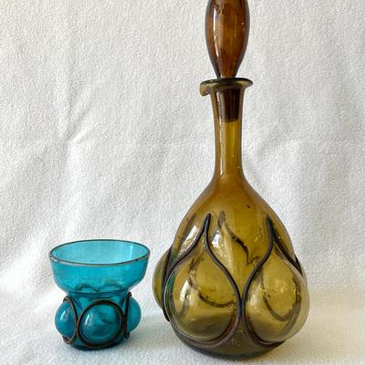 Mid Century Modern Caged Glass Decanter And Candle Holder 
