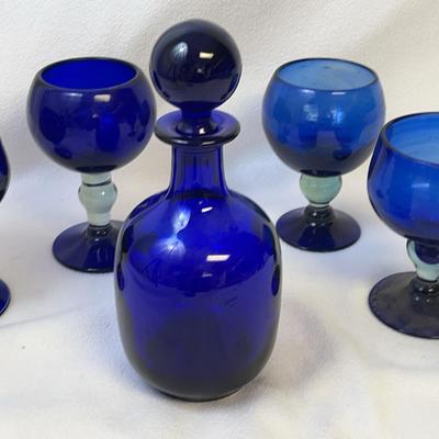 Cobalt Blue Goblet Glassware & Decanter, 5 Pcs