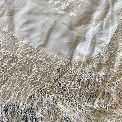 Shawl, Floral Ivory Colored With Fringe, Vintage