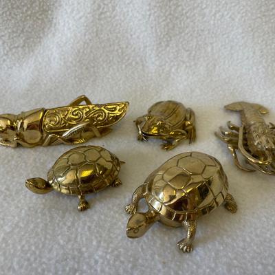 Vintage Brass Lobster Grasshopper Frog Turtle Trinket Boxes 5pcs 