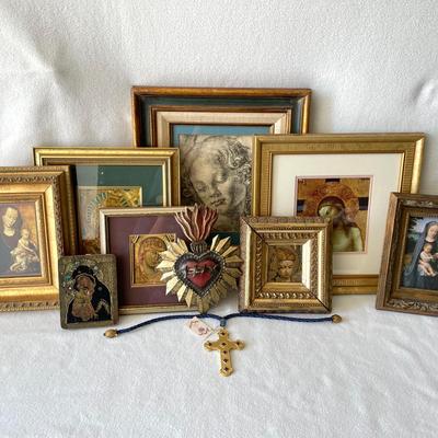 Sacred Heart, Golden Cross And Religious Catholic Framed Artwork 